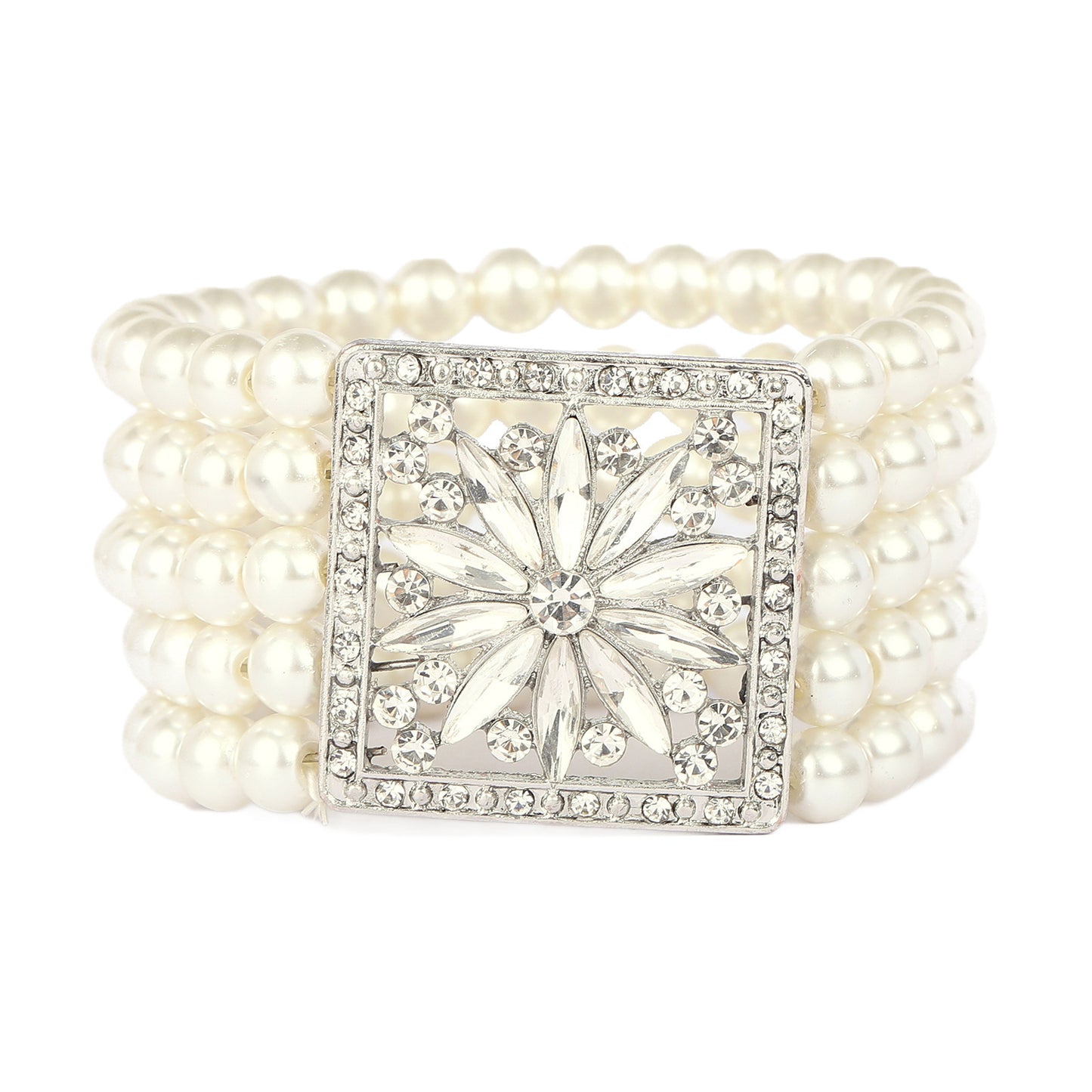 Fashionable Floral Pearl and Alloy Stretch Bracelet for Women with Handcrafted Detailing, Multi-Layer Party and Wedding Accessory