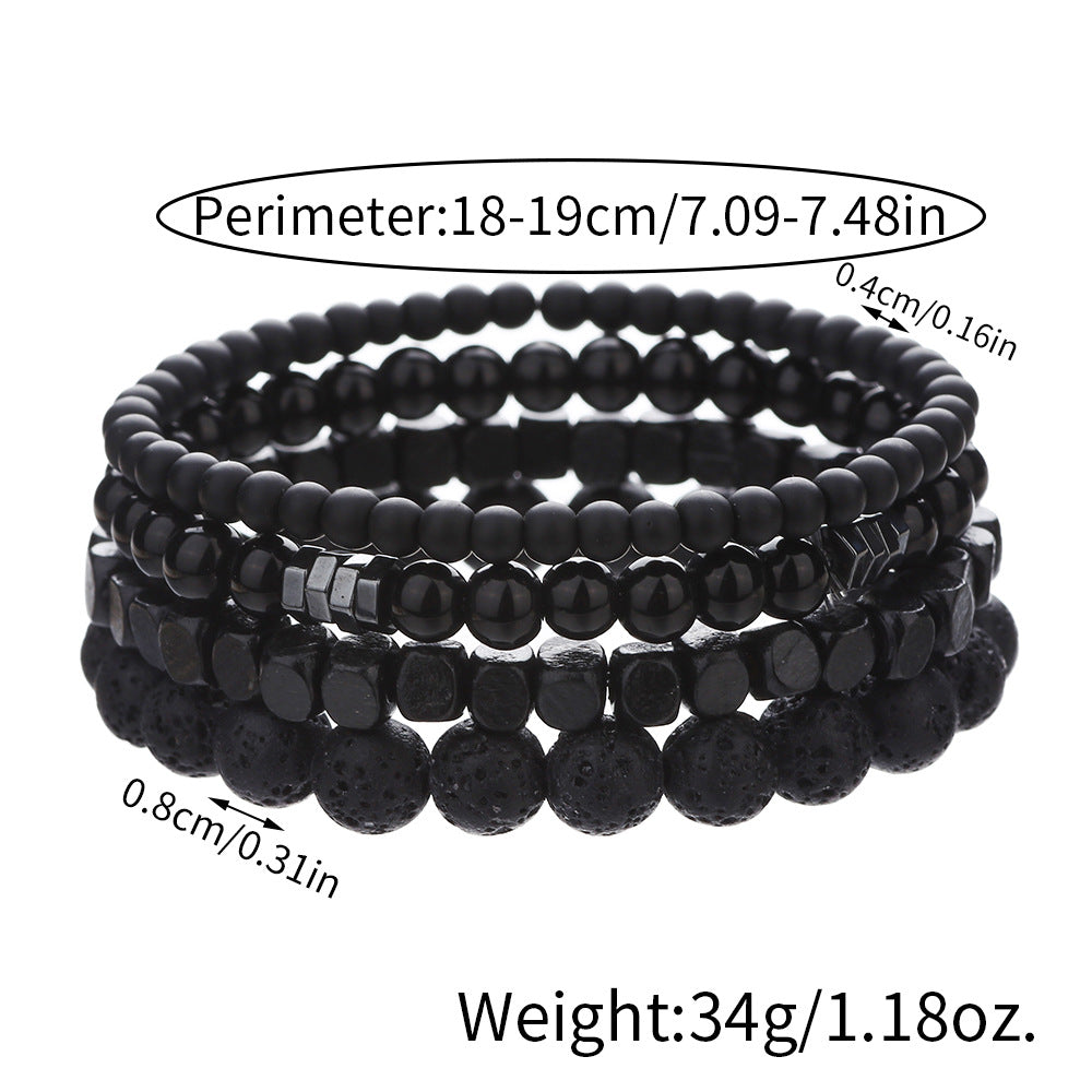 Men's Multi-Layer Matte Hematite Lava Stone Wood Bead Bracelet Set Geometric Round Elastic Band