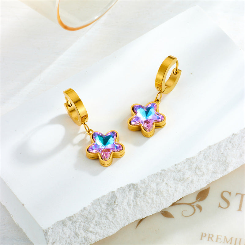 Orecchini Pendenti da Donna in Acciaio al Titanio Placcato Oro con Strass a Forma di Farfalla Stile Vintage