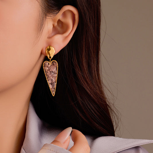 Orecchini pendenti geometrici a cuore in acciaio inossidabile alla moda stile ufficio con intarsio in pietra naturale e finitura placcata