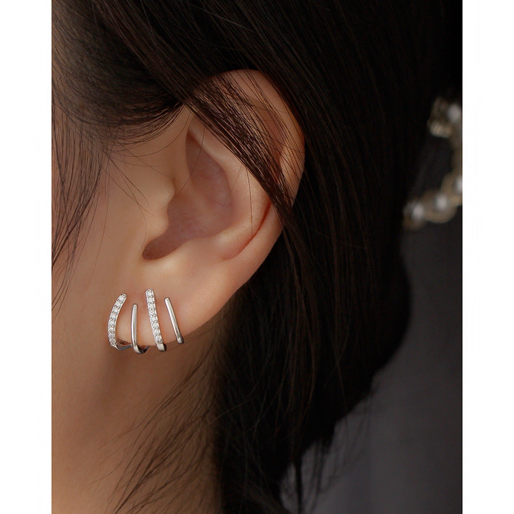 Minimalist Elegant 925 Sterling Silver Geometric Micro-Inlaid Cubic Zirconia Line Stud Earrings for Women