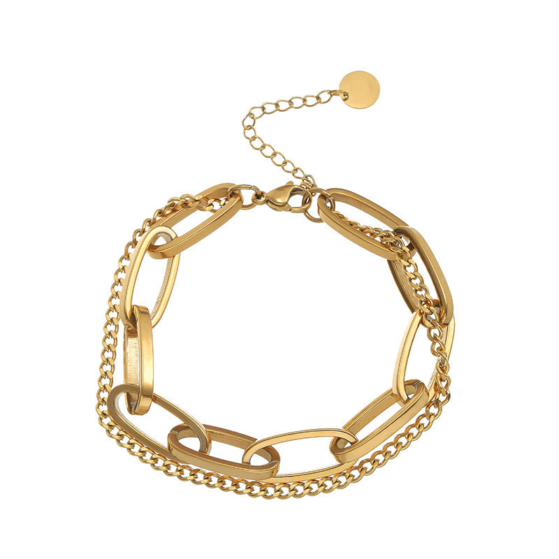 Retro Chic Two-Tone Thick Stainless Steel Bracelet for Women with Gold Plating and Edgy Sweet Style