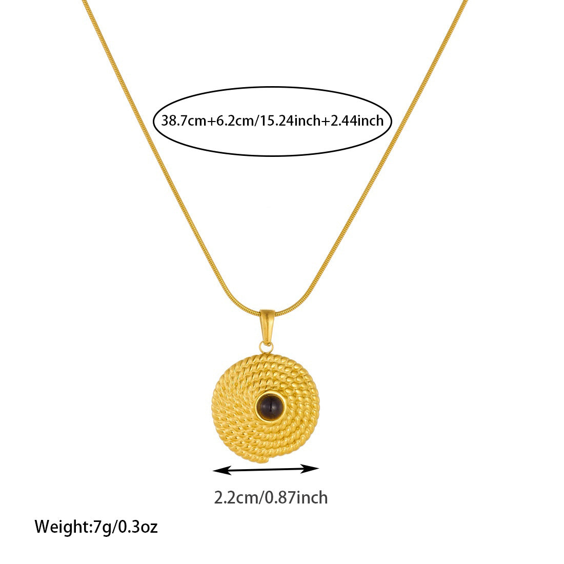 French Vintage Geometric Round Faux Tiger Eye Inlay Plated Stainless Steel Pendant Necklace with Snake Chain