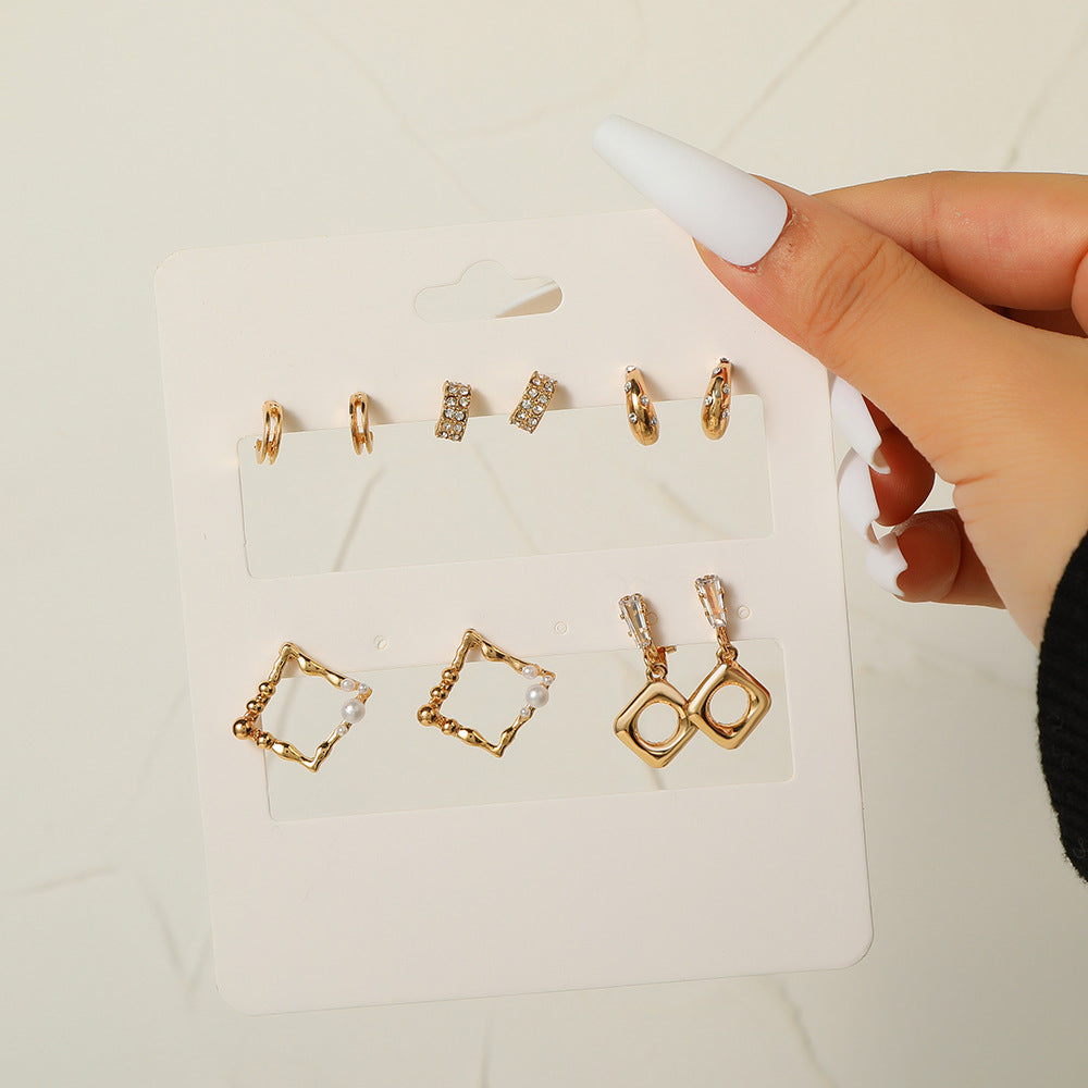 Vintage Geometric Heart Square Alloy Earring Set with Pearl and Rhinestone Tassel C-Hoop