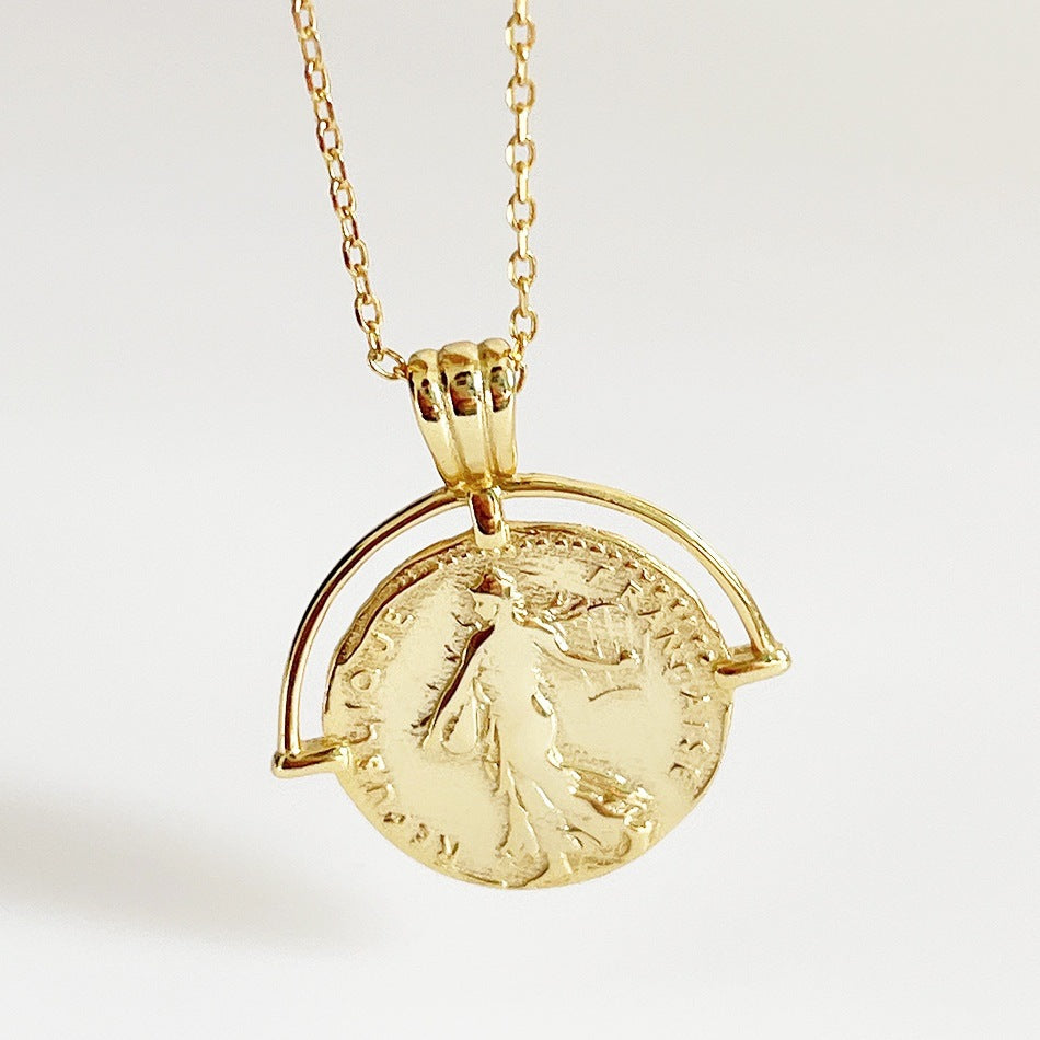 Minimalist Round Coin Pendant Necklace in 925 Sterling Silver with Angel Motif
