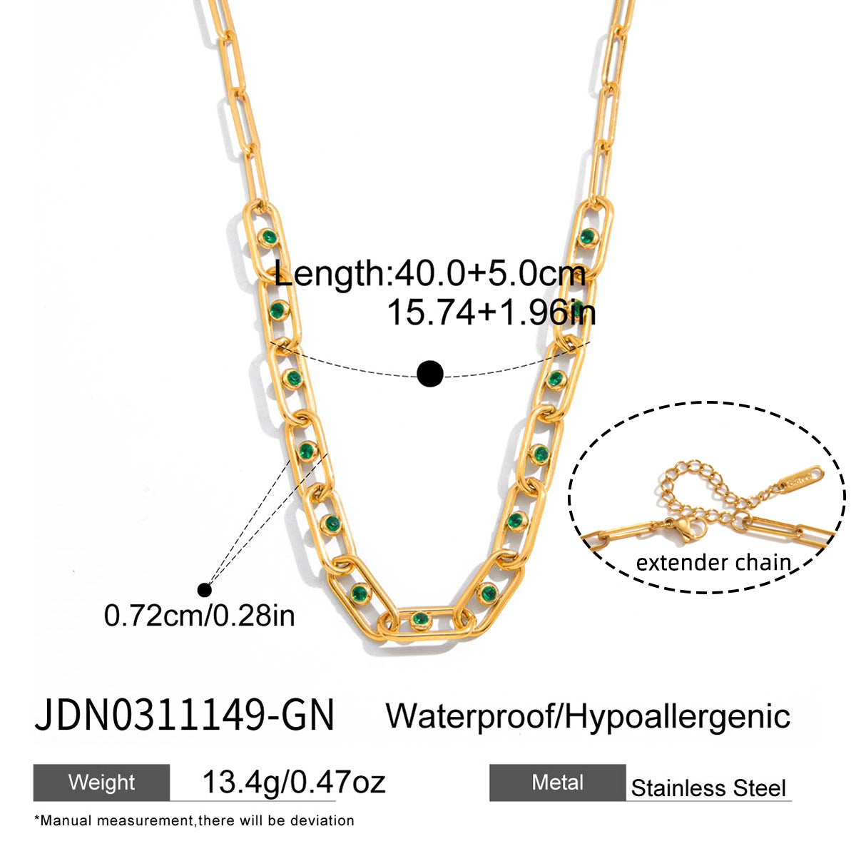 Minimalist Green Rhinestone Geometric Round Stainless Steel PVD Necklace for Women