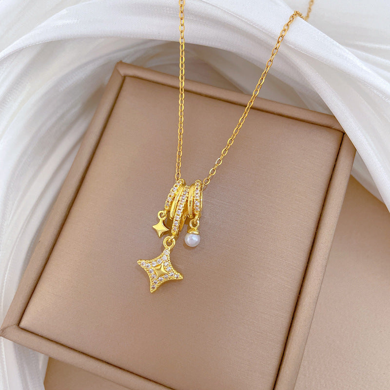 Sweet Minimalist Star Round Rhinestone Pearl Pendant Titanium Steel Necklace for Unisex