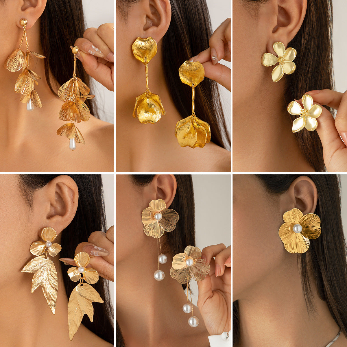 Sweet Punk Plated Alloy Floral Plant Earrings with Imitation Pearl Tassel for Women