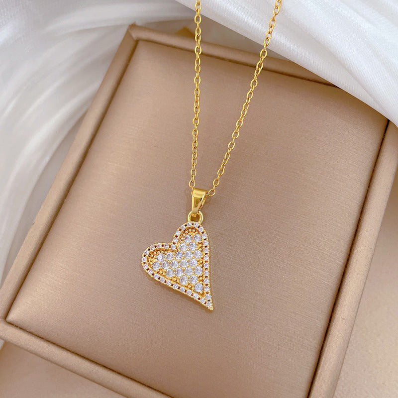 Sweet Minimalist Hollow Heart Geometric Rhinestone Plated Titanium Steel Necklace for Unisex