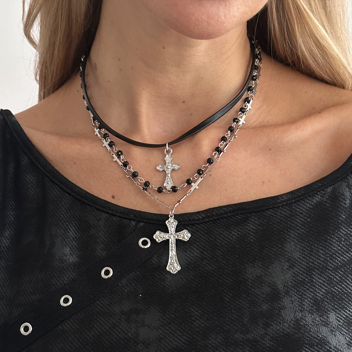 Sweet Punk Geometric Cross Pendant Plated Zinc Alloy Necklace with Tassel for Women