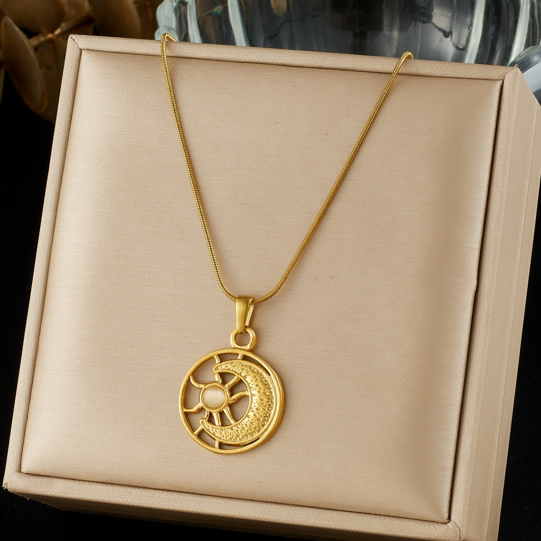 Minimalist Gold Plated Geometric Sun Moon Hollow Pendant Stainless Steel Snake Chain Necklace for Women