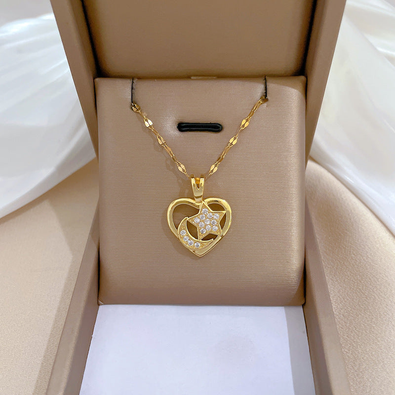 Sweet Elegant Heart Moon Star Geometric Rhinestone Plated Titanium Steel Necklace for Unisex