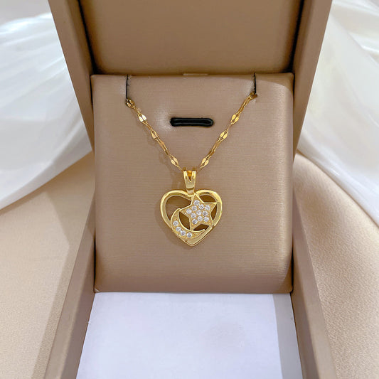 Sweet Elegant Heart Moon Star Geometric Rhinestone Plated Titanium Steel Necklace for Unisex
