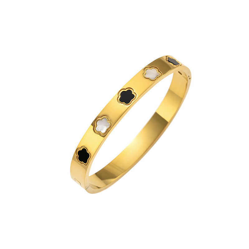 Bracciale Minimalista in Acciaio Inossidabile da Donna con Placcatura in Acciaio al Titanio e Intarsio di Strass a Forma Geometrica Ovale