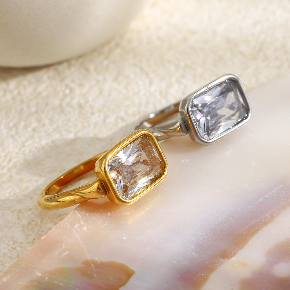 Minimalist 18K Gold Plated Stainless Steel Rectangle Geometric Cubic Zirconia Ring for Women