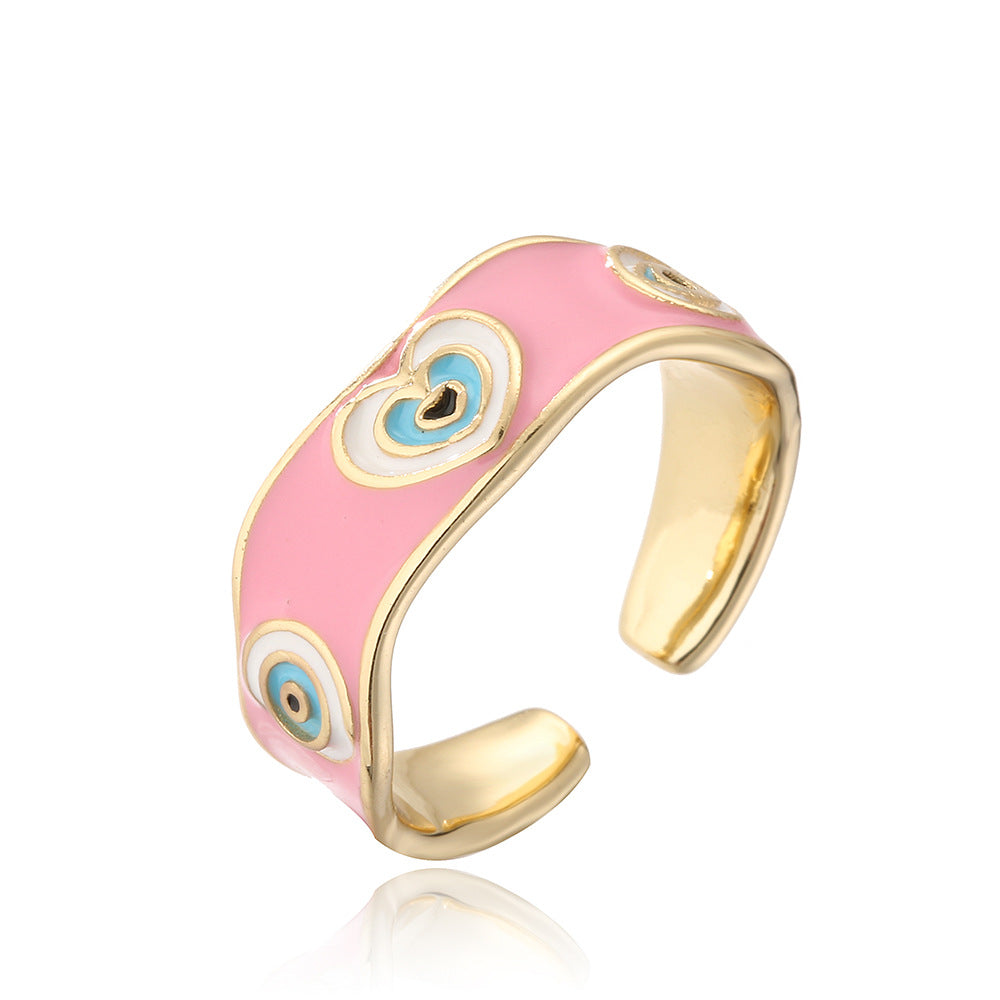 Minimalist Geometric Copper Ring with 18K Gold Plating and Enamel Heart-Eye Pattern