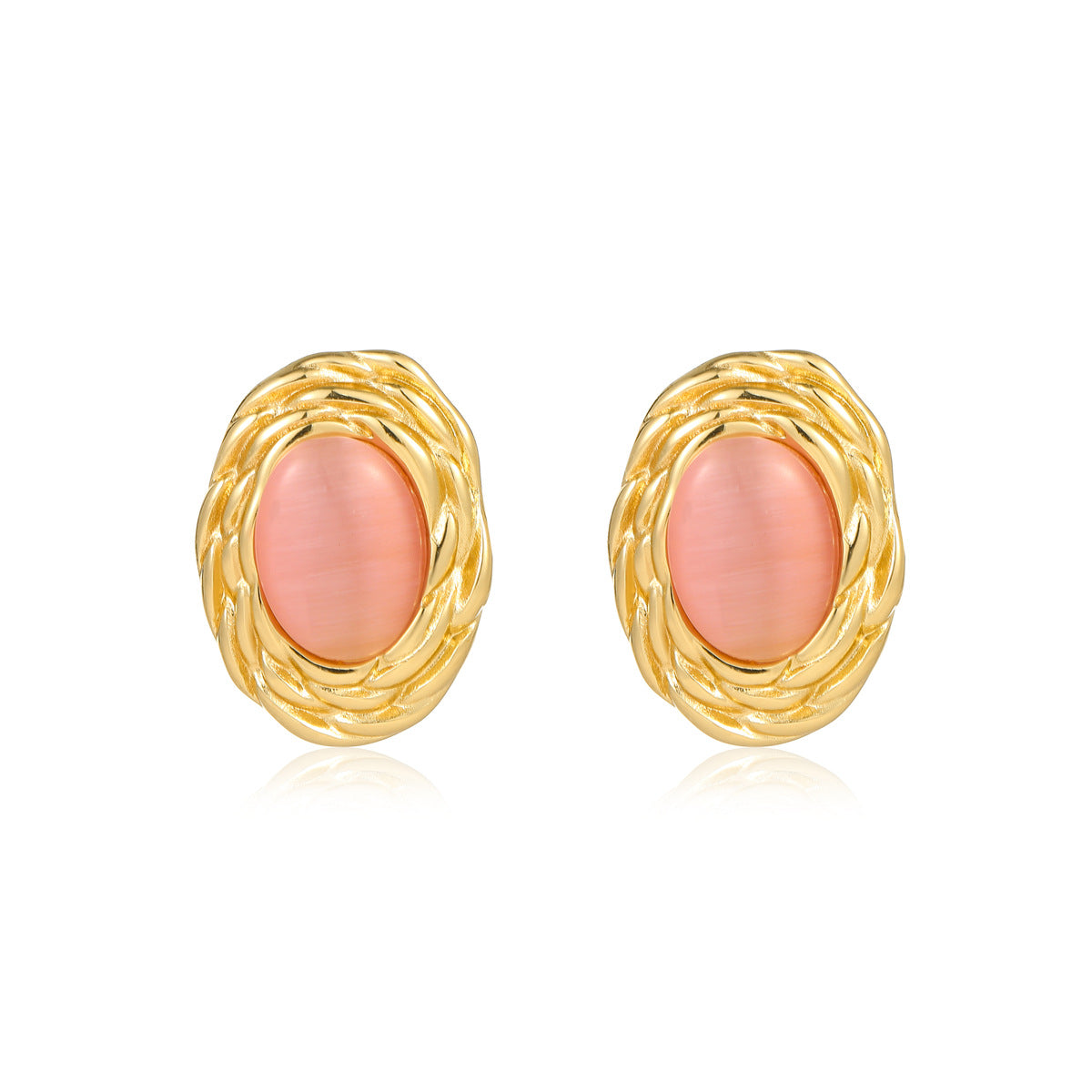 Elegantes pendientes de tuerca de acero titanio con textura ovalada, estilo lujo francés, piedra natural de ojo de gato para mujer