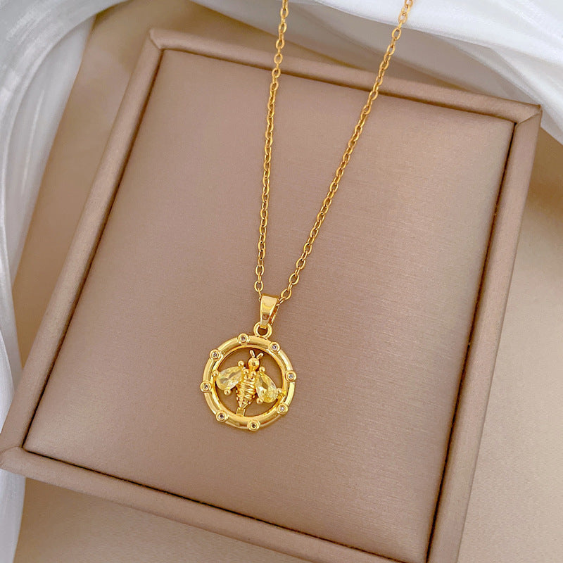 Collar minimalista redondo de abeja para mujer, cadena de acero inoxidable con incrustaciones de circonita, elegante joya para clavícula