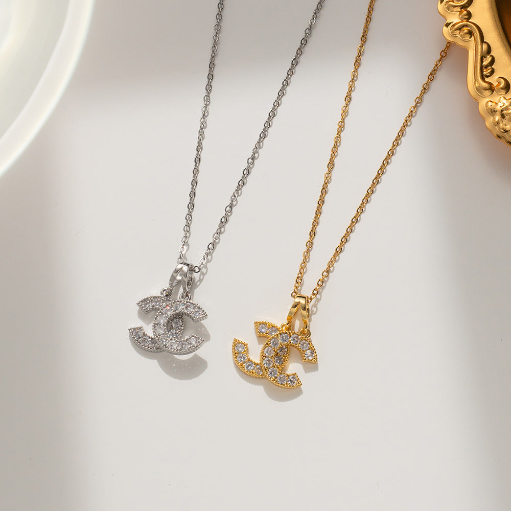 Minimalist Geometric Double C Pendant Necklace for Women in Titanium Steel with Gold Plating on O-Chain