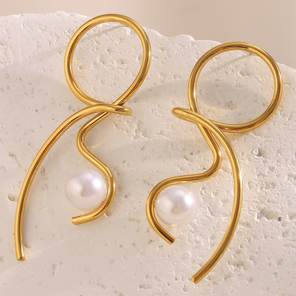 Orecchini da donna in acciaio inossidabile placcati oro 18 carati con design geometrico minimalista a nodo e perle simulate