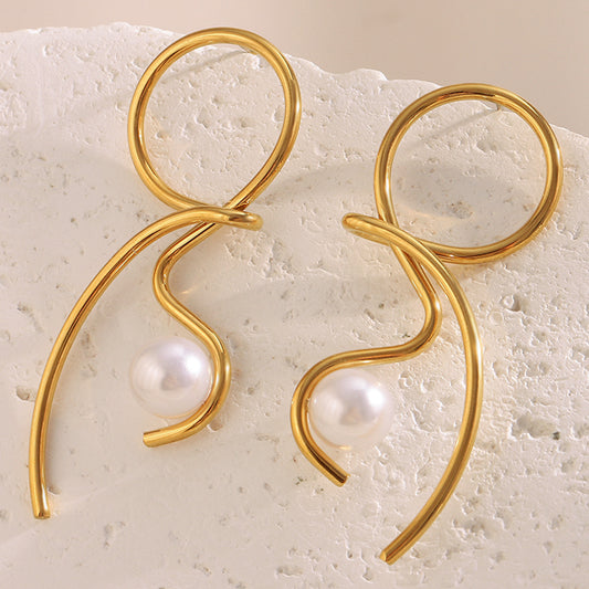 Pendientes de acero inoxidable con diseño geométrico minimalista de nudo, chapado en oro de 18 quilates y detalles de perlas sintéticas para mujer