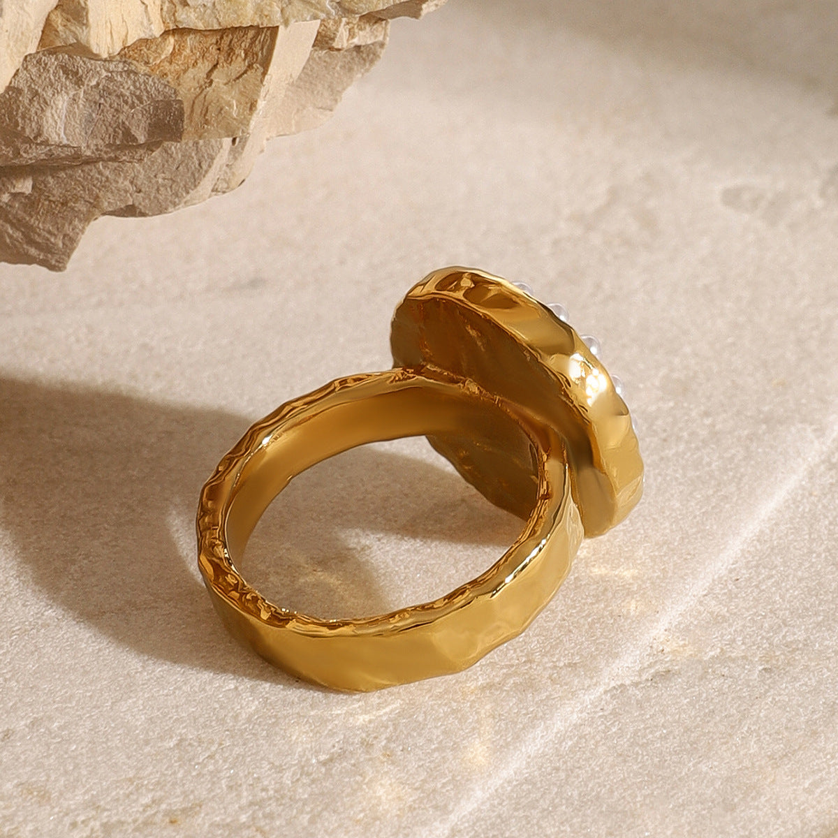 Geometric Pearl Ring in Titanium Steel with 18K Gold Plating for Women, Elegant Minimalist Jewelry
