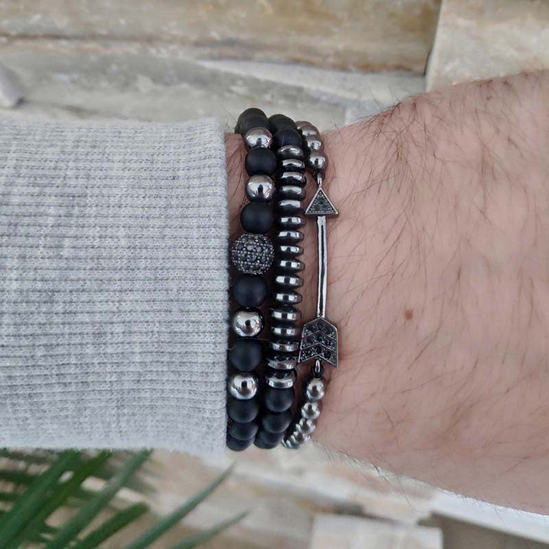 Men's Multi-Layer Matte Hematite Lava Stone Wood Bead Bracelet Set Geometric Round Elastic Band