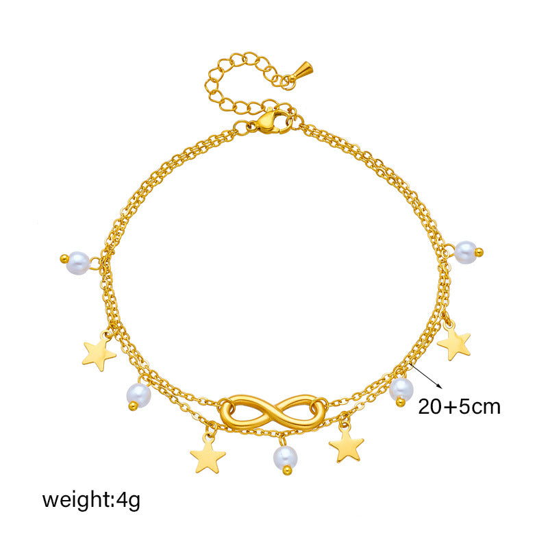 Fashion Retro Beach Style Multi-Layer Ankle Chain with Tassel and Eight-Pointed Star Pendant in Stainless Steel
