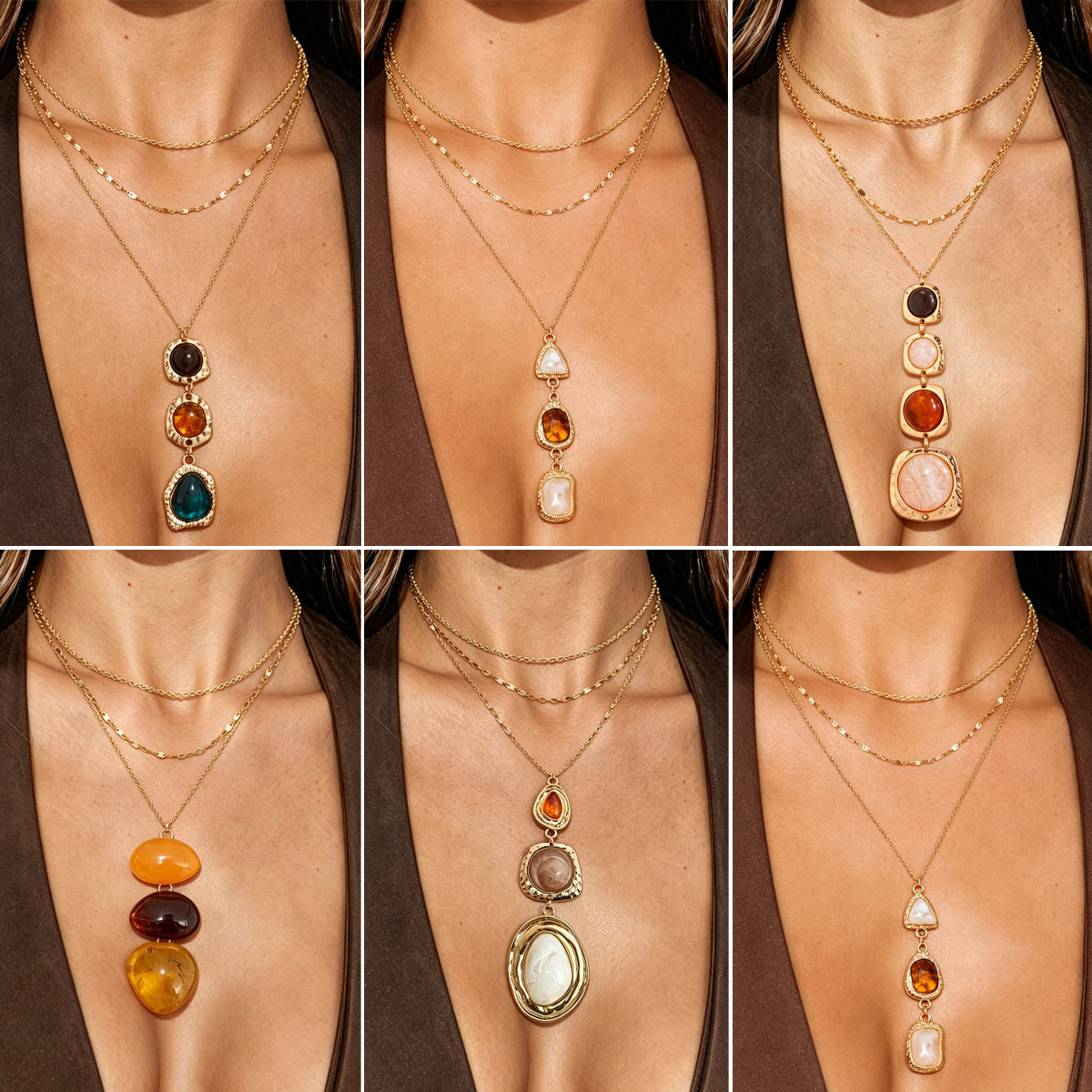 Elegant Geometric Square Resin Gemstone Pendant Necklace Plated Alloy Layered Cable Chain for Women