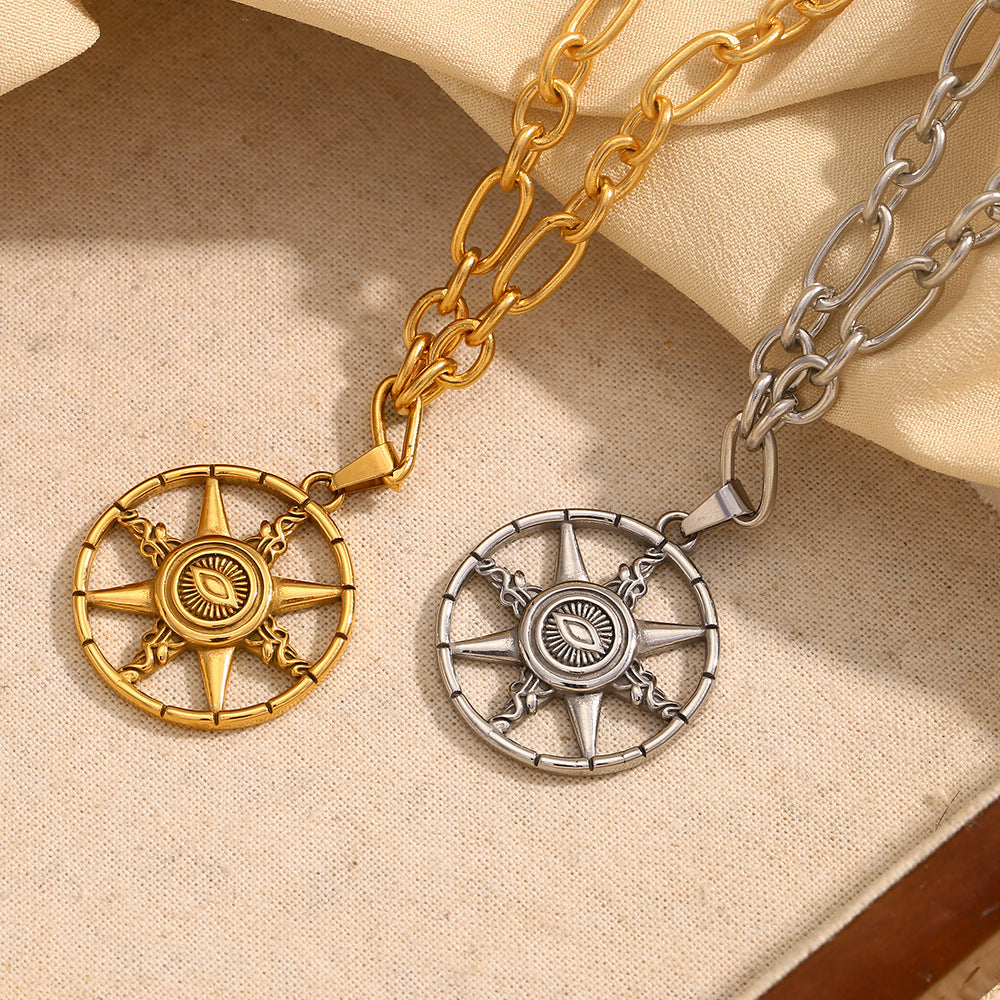 Collana vintage con stella a otto punte e occhio di Allah geometrica in acciaio inossidabile placcato oro 18 carati da donna