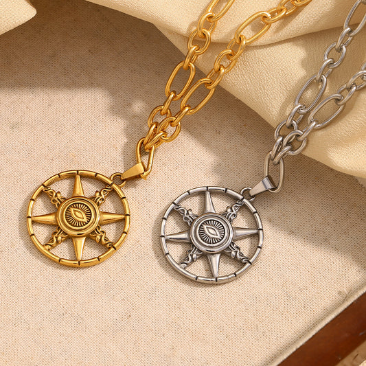 Collana vintage con stella a otto punte e occhio di Allah geometrica in acciaio inossidabile placcato oro 18 carati da donna
