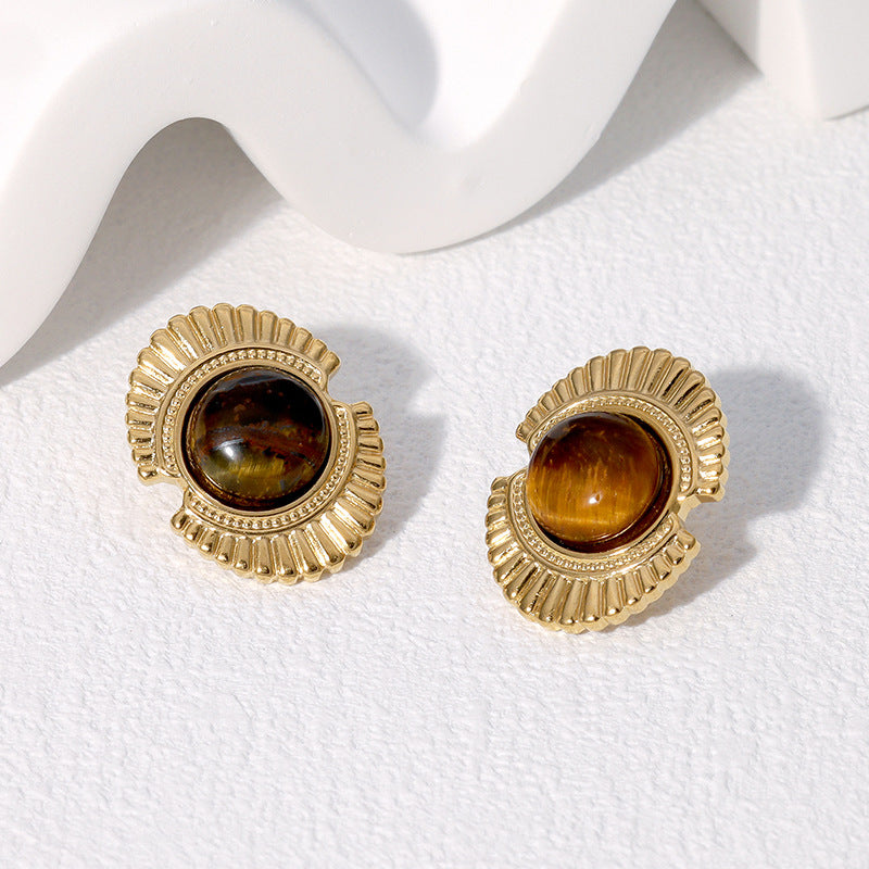 Vintage-Style Geometric Stainless Steel Stud Earrings with 18K Gold Plating for Women