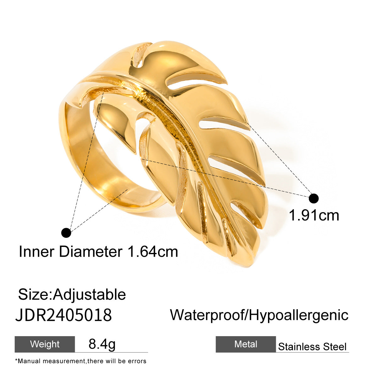 Anello aperto minimalista in acciaio inossidabile placcato oro 18 carati con foglia e piuma, gioielli di moda unisex