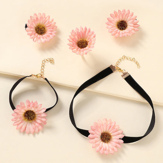 Rustic Floral Daisy Children's Jewelry Set with Hairpin Necklace Bracelet and Ring in Plastic Resin