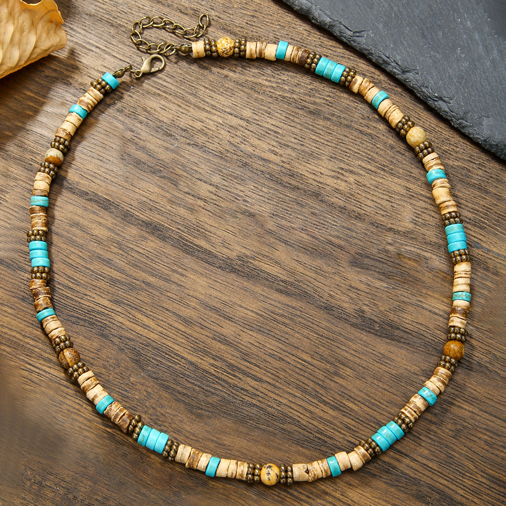 Bohemian Geometric Wood Turquoise Ball Chain Necklace Unisex