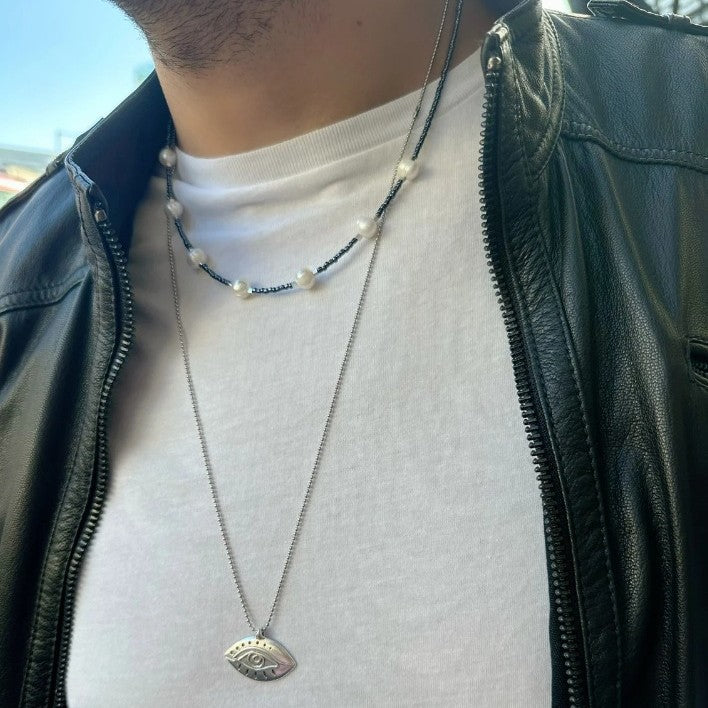 Vintage-Style Evil Eye Pendant Necklace for Men with Imitation Pearl and Copper, Geometric Design, O-Chain, Silver-Plated