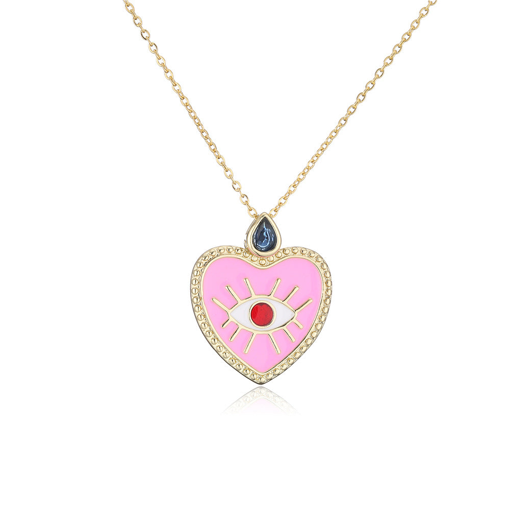 Heart Geometric Drip Oil Gold Plated Brass Necklace with Cubic Zirconia Pendant 45cm Cable Chain