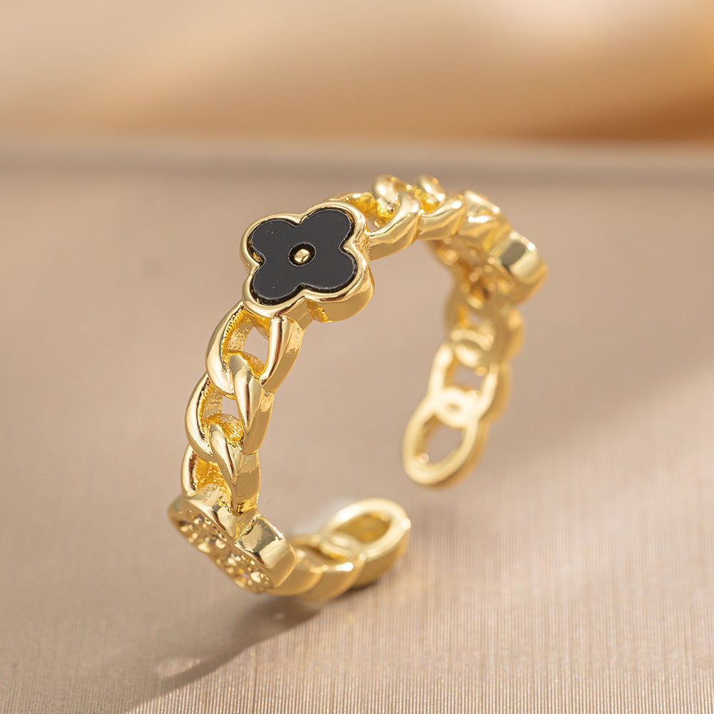 Luxury Minimalist Adjustable Open Ring for Women with Gold-Plated Copper Band and Zircon Stone Accent in Heart and Floral Shape