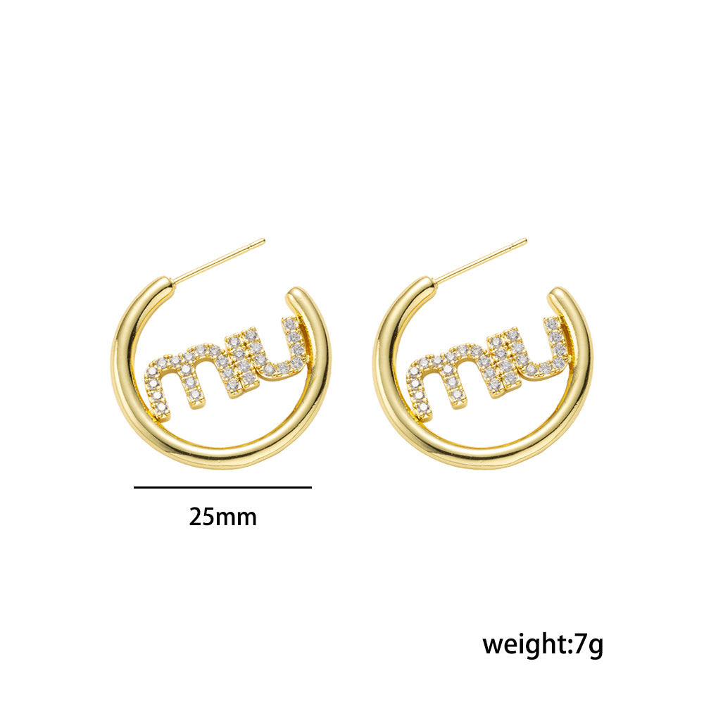 Minimalist M Letter Stud Earrings for Women in Brass with 18K Gold Plating and Rhinestone Accents