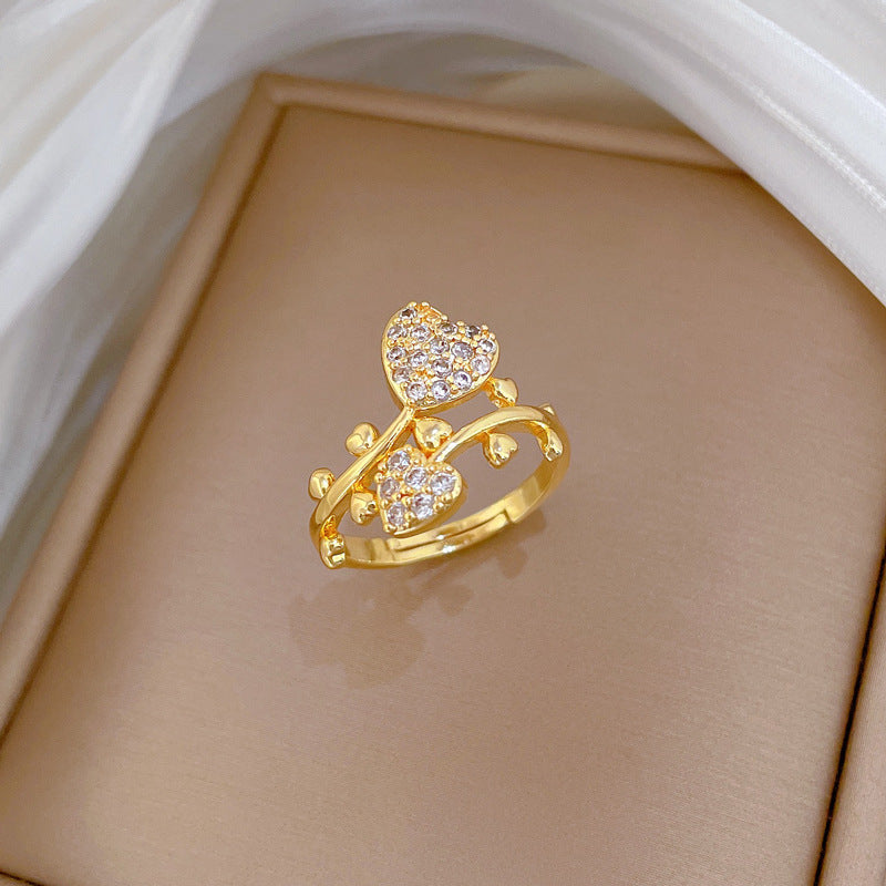 Sweet Gold Plated Heart Cubic Zirconia Adjustable Ring for Women and Men