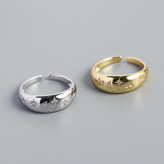 Anillo Abierto Minimalista Vintage de Plata de Ley 925 con Incrustaciones de Pedrería en Forma de Estrella y Luna para Mujer