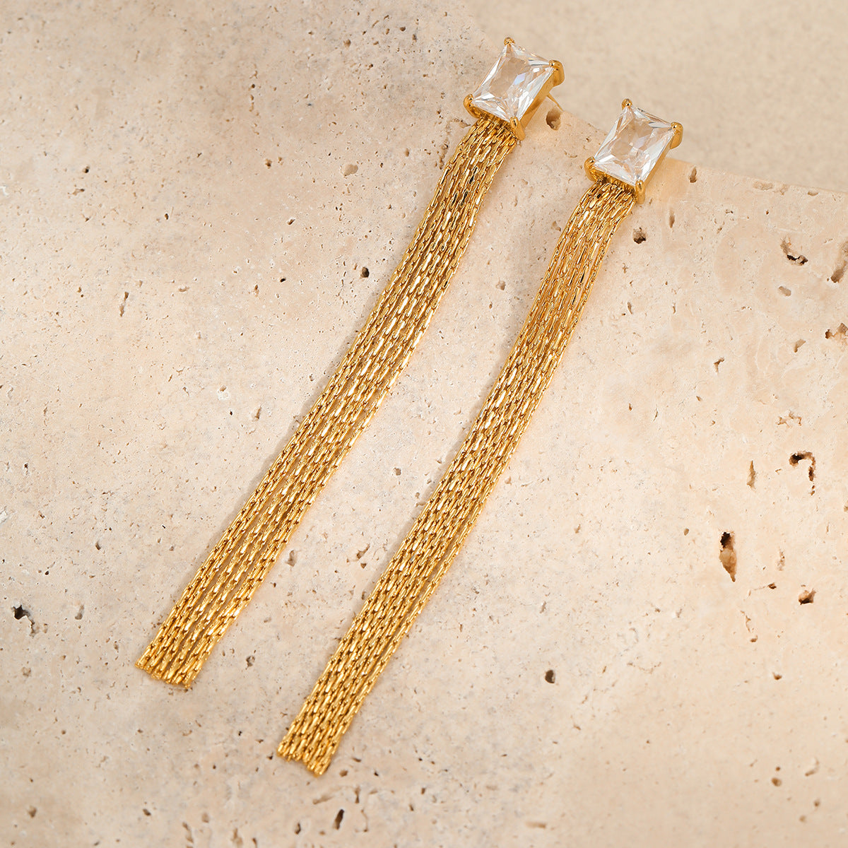 Minimalist Geometric Tassel Earrings with Zircon Inlay in Stainless Steel for Women