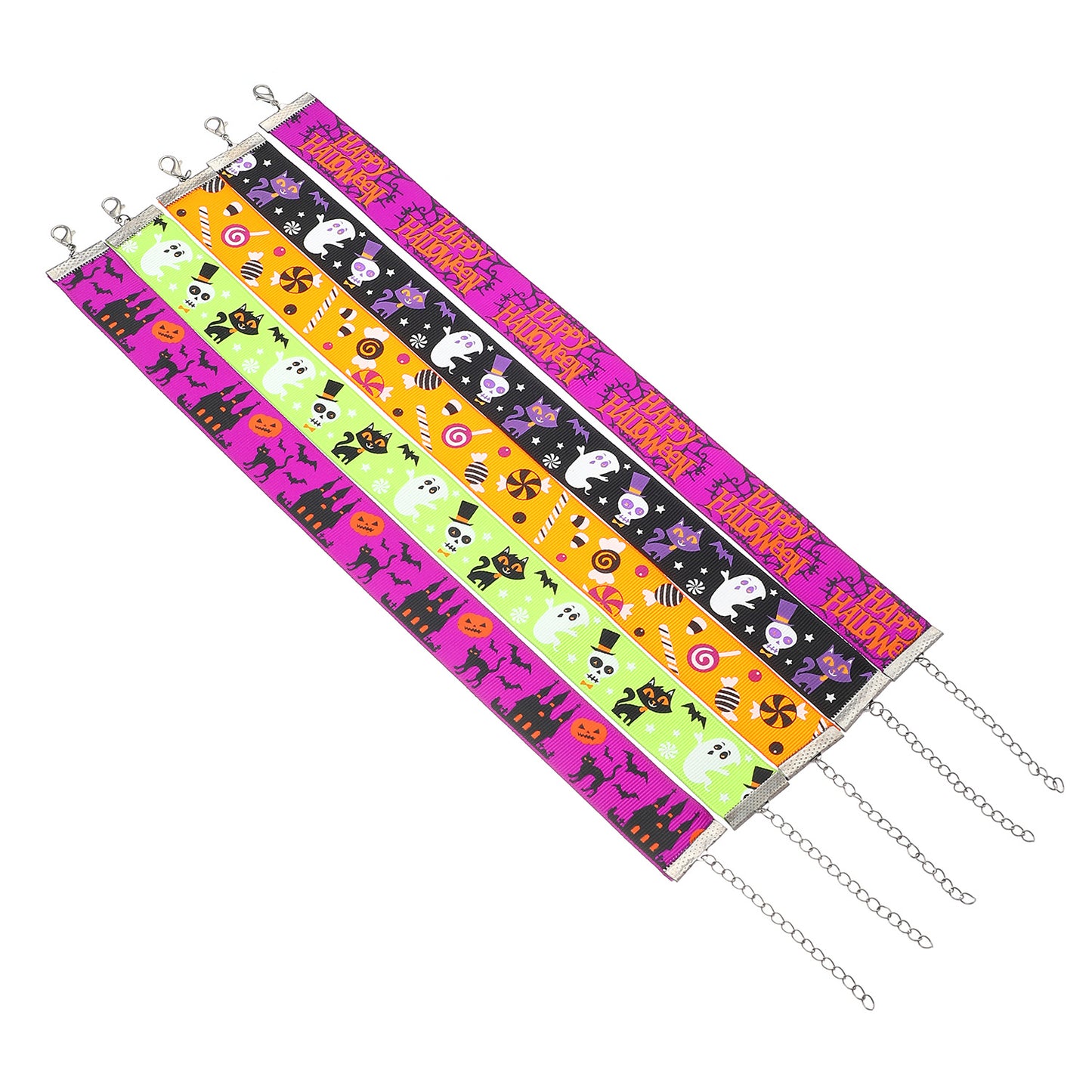 Collar con colgante de calavera, gato negro y fantasma de dibujos animados con temática de Halloween para mujer, con dije de aleación y acabado galvanizado en banda de tela