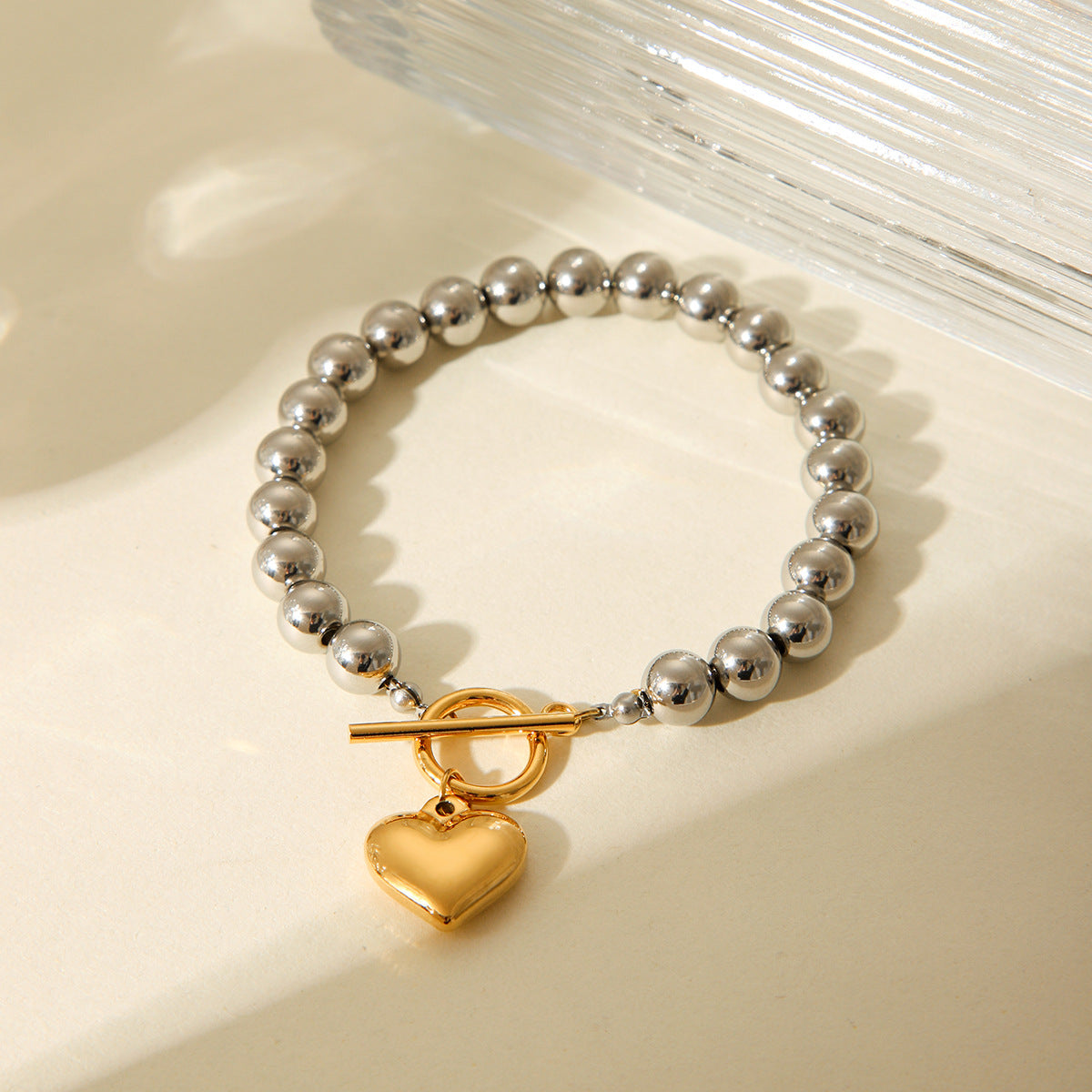 Minimalist Heart-Shaped Stainless Steel Plated Bracelet for Women with Round Beads and Geometric Design