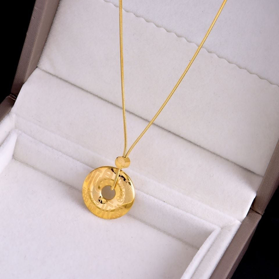 Chinese Style Feng Shui Fu Character Geometric Pendant Necklace in Titanium Steel with 18K Gold Plating for Women