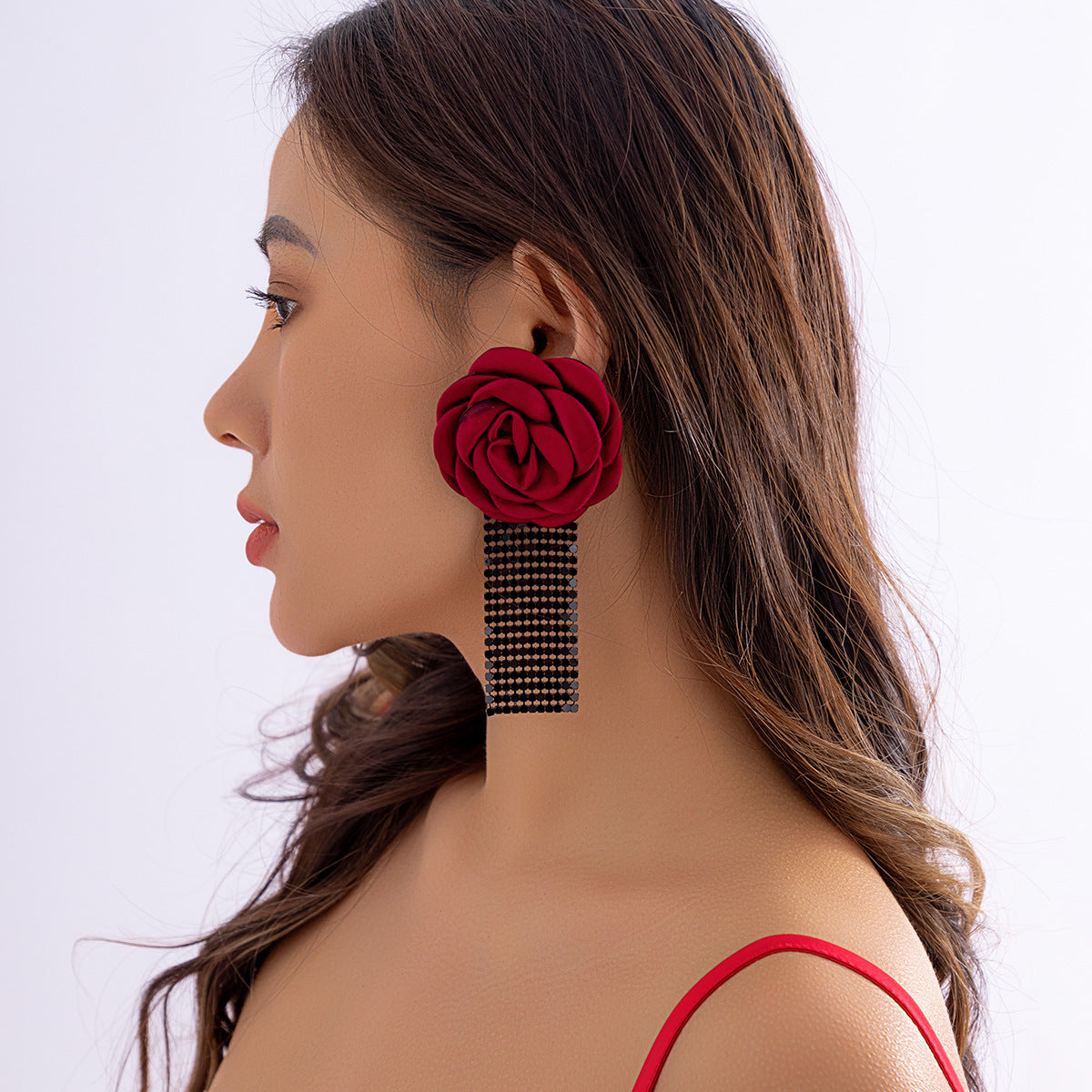 Bohemian Sweet Floral Plated Alloy Earrings with Colorful Tassel Fabric Rose Design for Women