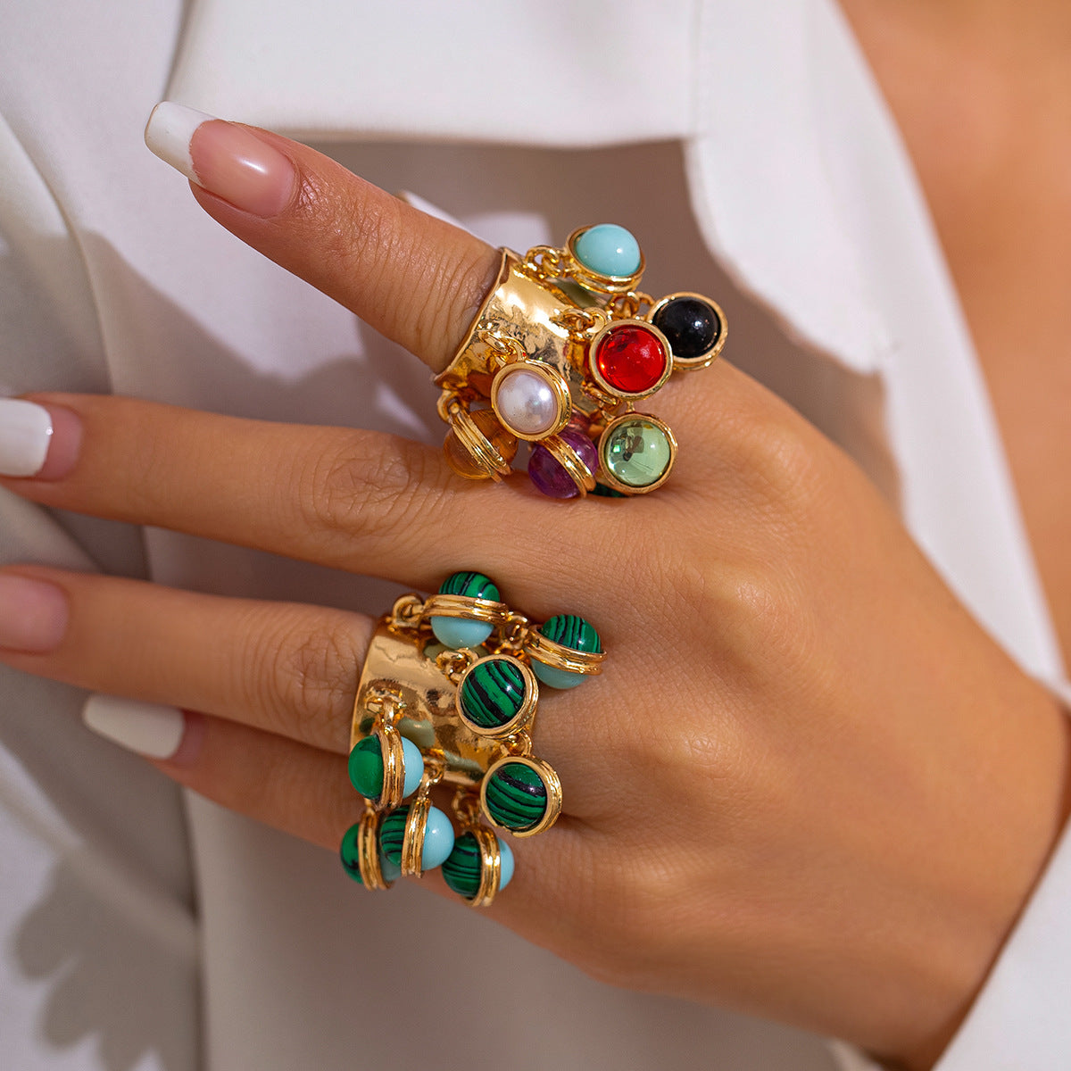 Vintage Palace Style Geometric Round Malachite Inlay Alloy Plated Open Ring for Women