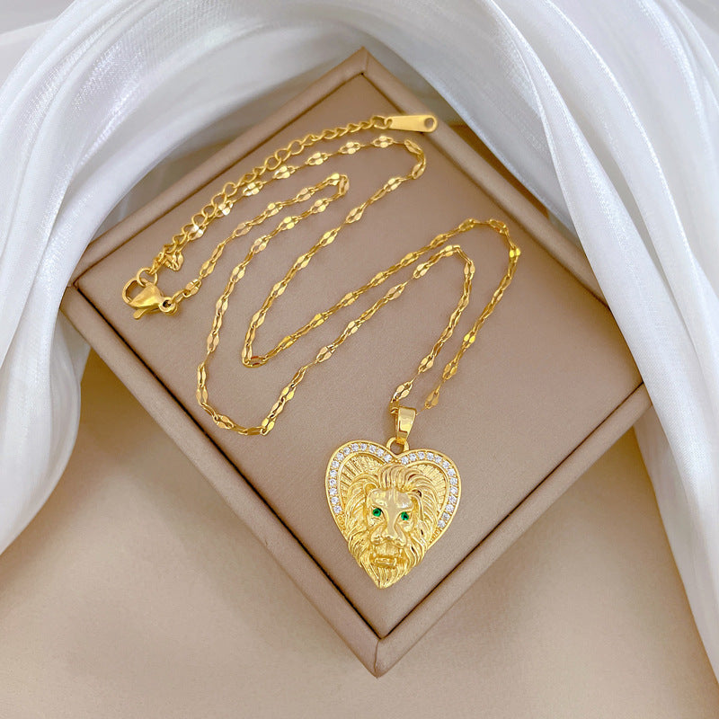 Minimalist Heart Lion Zirconia-Encrusted Stainless Steel Necklace for Women with Delicate Clavicle Chain
