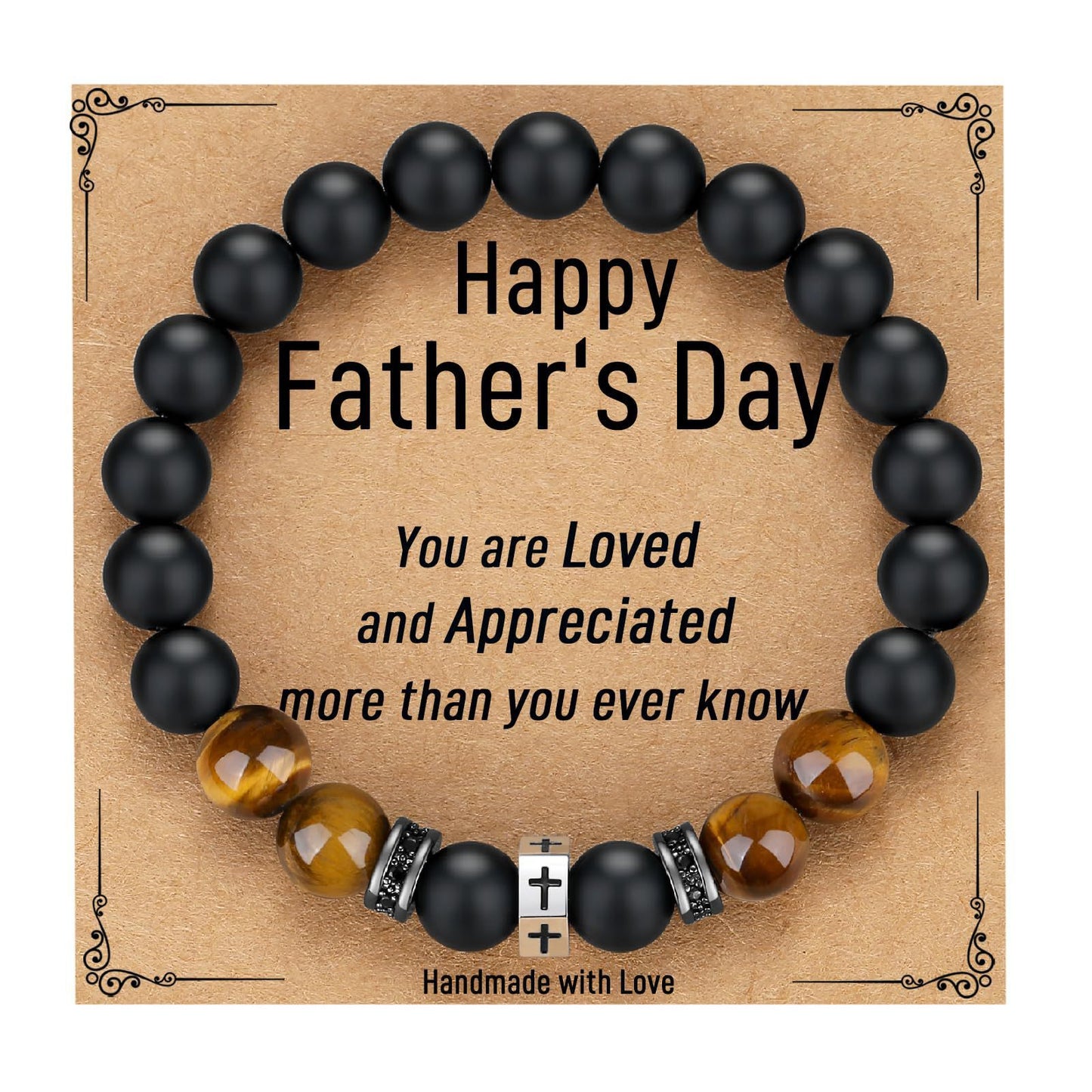 Matte Geometric Cross Tiger Eye Beaded Bracelet Stainless Steel Elastic Bangle