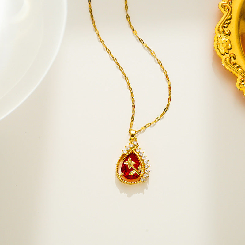 Collana pendente a goccia in acciaio al titanio, fresca e dolce, da donna, con micro-pavé di zirconi e placcatura sottovuoto